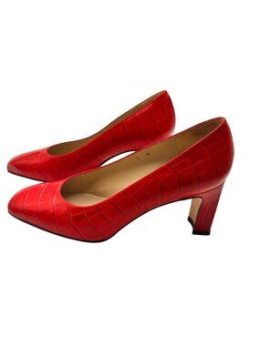 Etienne Aigner Size 7W Leather Red Croc-Embossed Square-Toe Heels